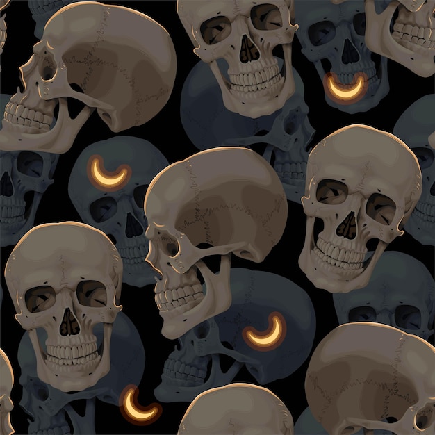 Patrón sin costura vectorial con luna y cráneos humanos muy detallados