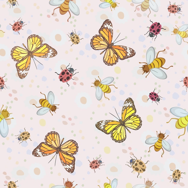 Patrón sin costura vectorial con mariposas, abejas y mariquitas sobre fondo floral pastel verano