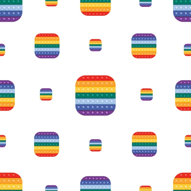 Patrón sin costura vectorial con moderno pop it fidget toy cuadrado en forma de colores del arco iris