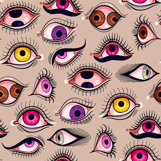 Patrón sin costura vectorial con ojos de mujer brillantes sobre fondo gris rosa