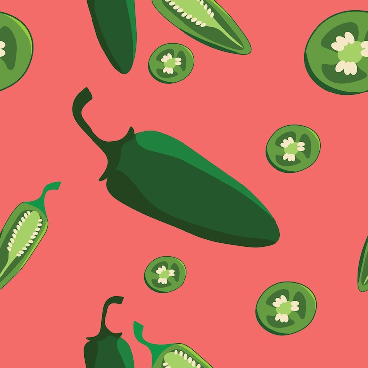 Vector patrón sin costura vectorial de pimientos jalapeños verdes sobre fondo rosa