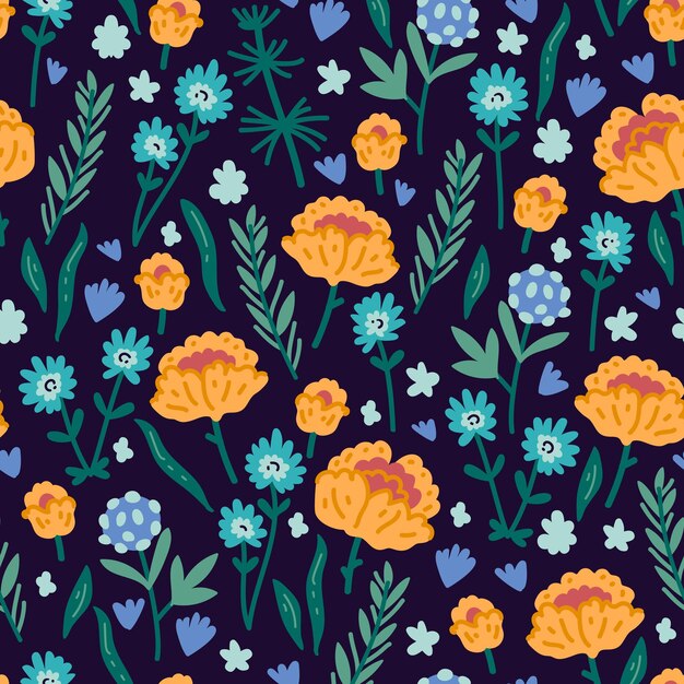 Patrón sin costura vectorial con plantas silvestres dibujadas a mano, hierbas y flores, colorida ilustración botánica, elementos florales dibujados a mano, fondo repetitivo, hierbas silvestres de pradera, flores florecientes