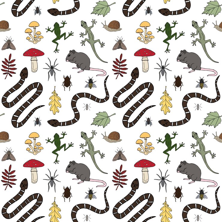 Vector patrón sin costura vectorial de reptiles e insectos