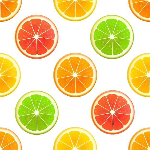 Patrón sin costura vectorial de rodajas de cítricos naranja lima limón pomelo