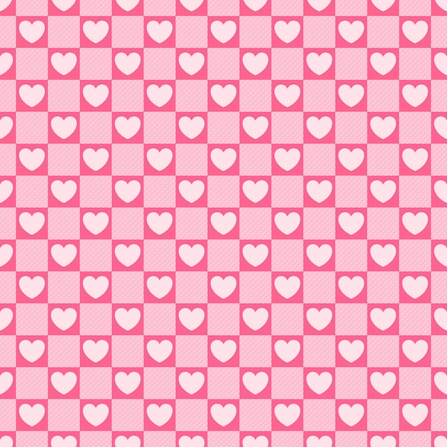 Patrón sin costura vectorial con tablero de ajedrez rosa y corazones textura del día de San Valentín 2