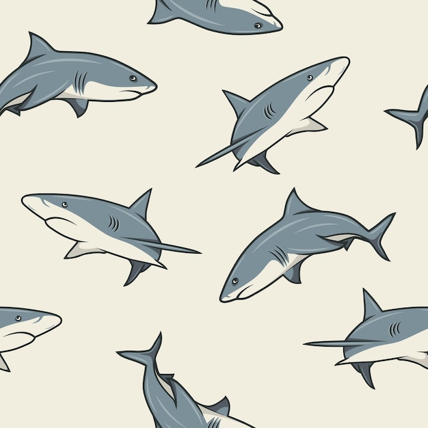 Patrón sin costura vectorial con tiburones de dibujos animados Textura sin costuras con tiburones blancos dibujados a mano con contorno Depredador del océano Animales marinos del océano Diseño de personajes de tiburones para impresión de papel tapiz textil