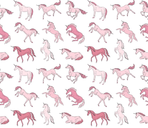 Patrón sin costura vectorial de unicornio dibujado a mano