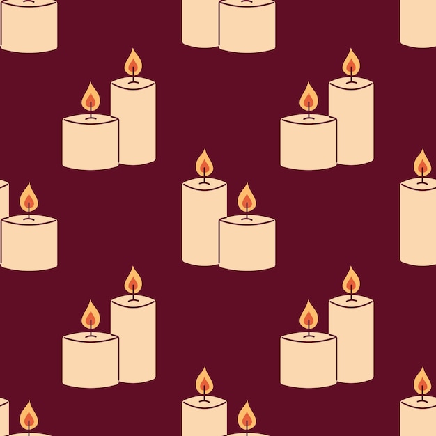 Patrón sin costura vectorial con velas decorativas con fuego Velas de cera ardientes sobre fondo rojo oscuro Diseño de envoltura o textil