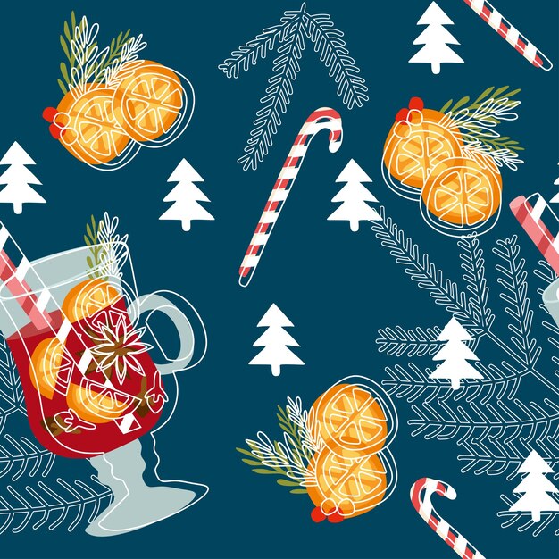 Patrón sin costura vectorial con vino caliente en diseño plano Rodajas de naranja Anís Canela Clavo Cand