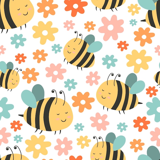 Patrón sin costura de vivero con abejas y flores Se puede usar para papel pintado de ropa y impresión Ilustración vectorial