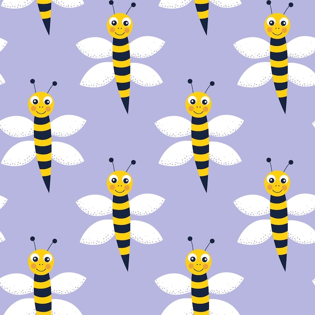 Patrón sin costuras con abeja divertida de dibujos animados en patrón geométrico