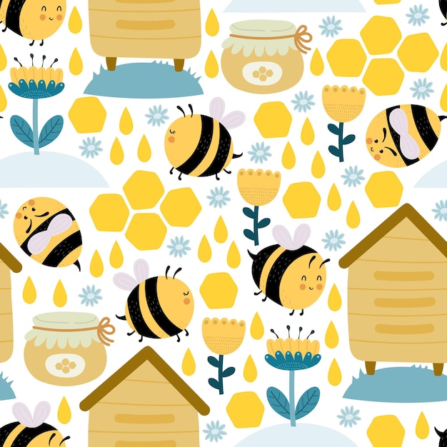 patrón sin costuras con abejas de dibujos animados flores miel