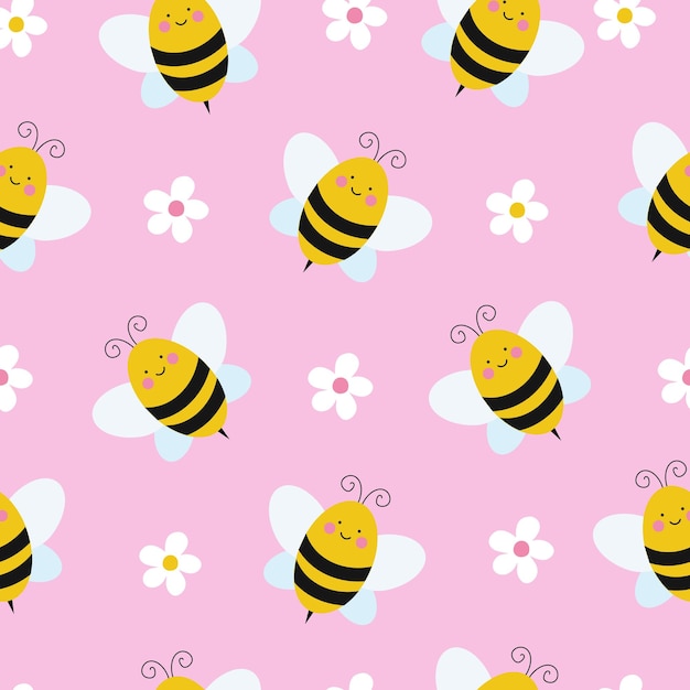 Patrón sin costuras con abejas kawaii de dibujos animados lindo fondo de ilustración de vector floral dibujado a mano