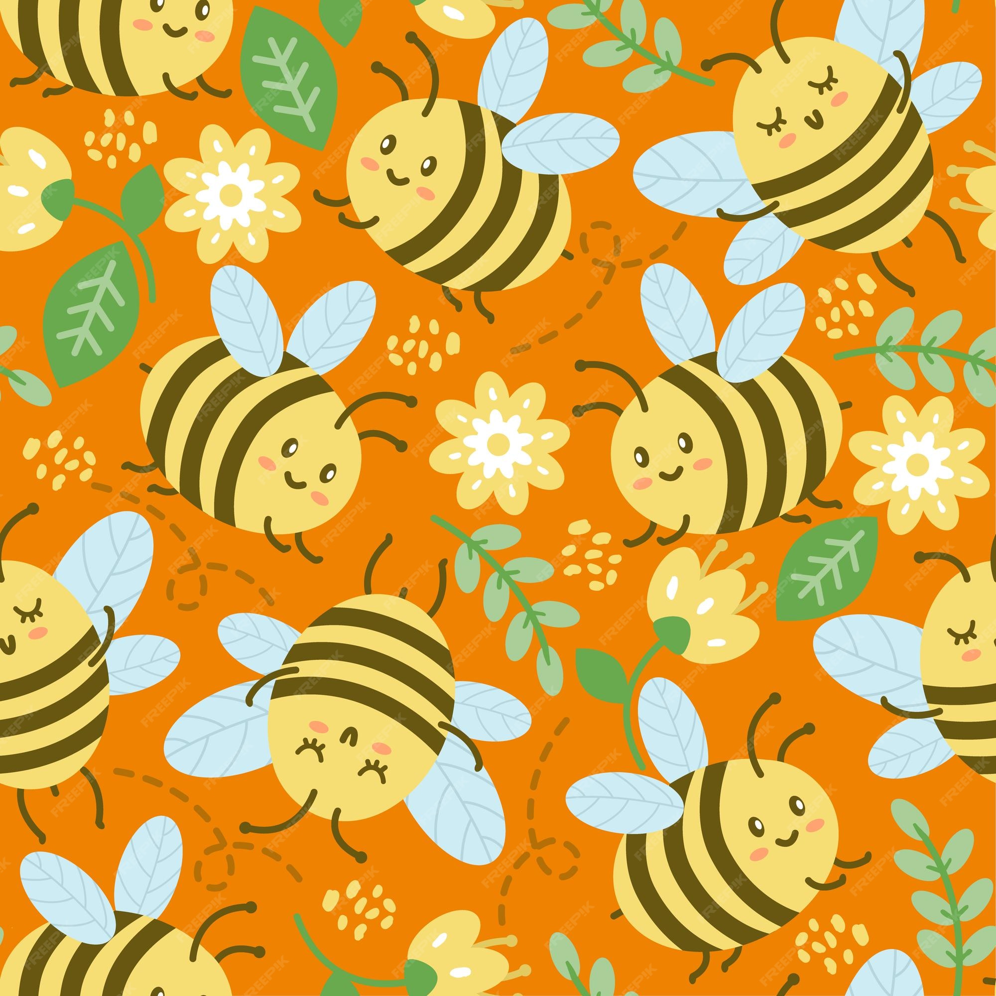 Patrón sin costuras con abejas lindas flores y hojas fondo de dibujos animados de verano o fondo de pantalla | Vector Premium Patrón sin costuras con abejas lindas flores y hojas fondo de dibujos animados de verano o fondo de pantalla | Vector Premium
