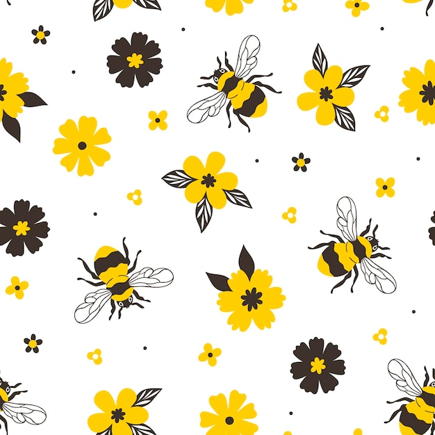 Patrón sin costuras con abejorros y flores amarillas sobre un fondo blanco Gráficos vectoriales