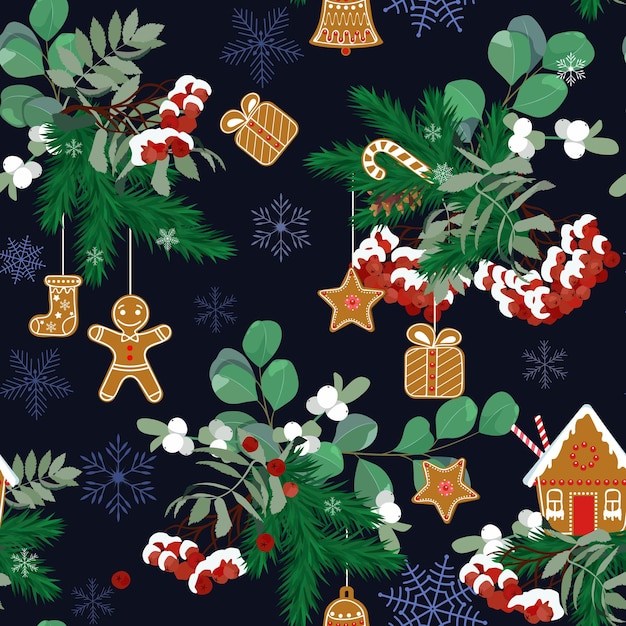 Patrón sin costuras con abeto de pan de jengibre de Navidad y rowan en estilo vintage sobre fondo oscuro F
