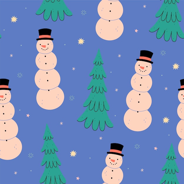 Patrón sin costuras con abetos y muñecos de nieve Gráficos vectoriales
