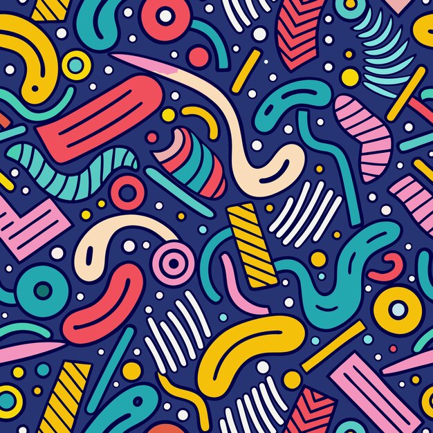 Patrón sin costuras abstractamente colorido con formas geométricas y garabates sobre un fondo azul oscuro