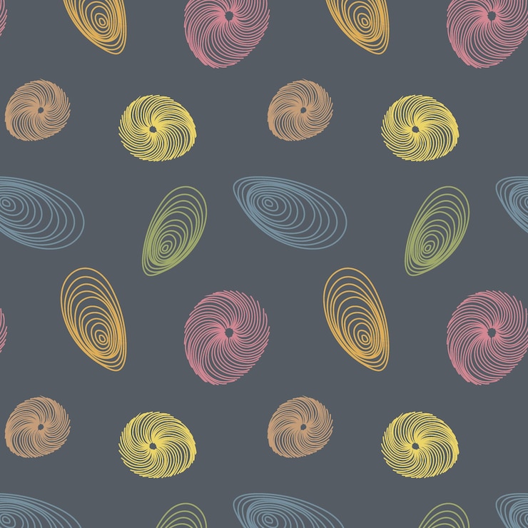 Vector patrón sin costuras abstracto de líneas repetidas, texturas de formas coloridas, remolinos y óvalos vintage sobre un fondo gris oscuro.