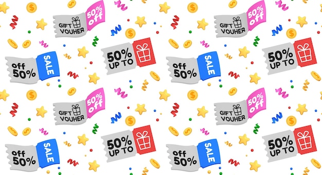 Patrón sin costuras abstracto con vales de regalo Cupones de descuento en estrellas de confeti de estilo 3D