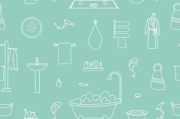 Patrón sin costuras de accesorios de baño en estilo doodle higiene personal cuidado del cuerpo dibujado a mano ilustración dibujada a mano vectorial