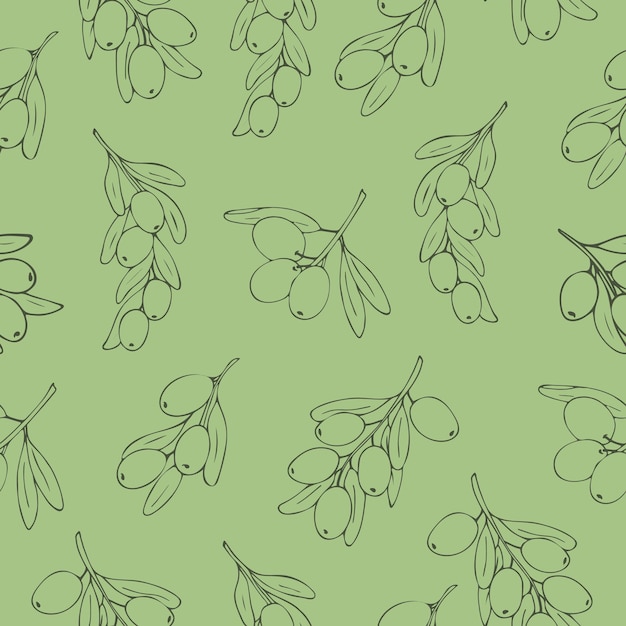 Patrón sin costuras de aceitunas dibujadas a mano sobre fondo verde para cubiertas de papel tapiz de fondo de telas