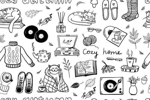 Patrón sin costuras de acogedoras esposas de otoño y acogedor hogar en estilo doodle genial para la decoración de interiores