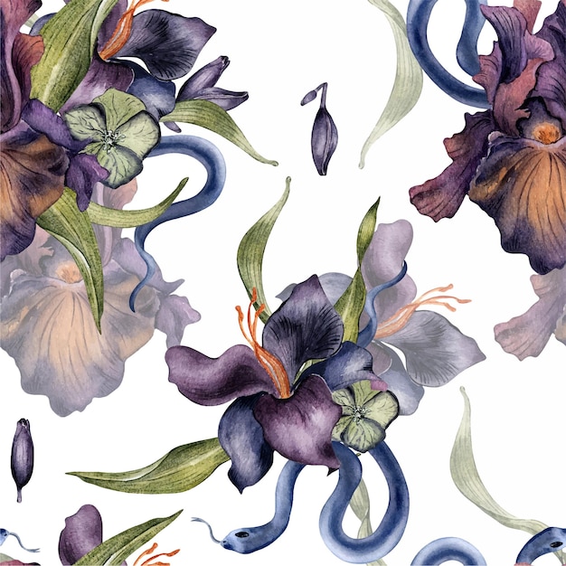 Patrón sin costuras con acuarela flor de iris oscuro y serpiente aislada en impresión floral gótica blanca