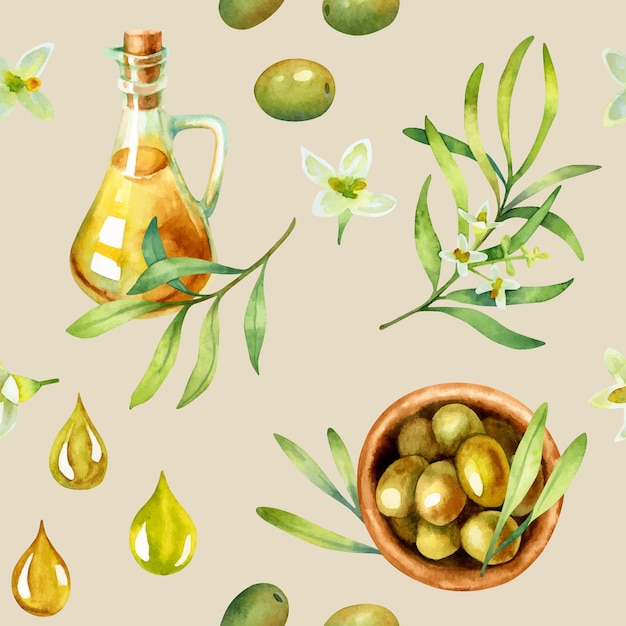 Patrón sin costuras de acuarela de flores de aceitunas verdes y aceite de oliva aislados sobre un fondo beige