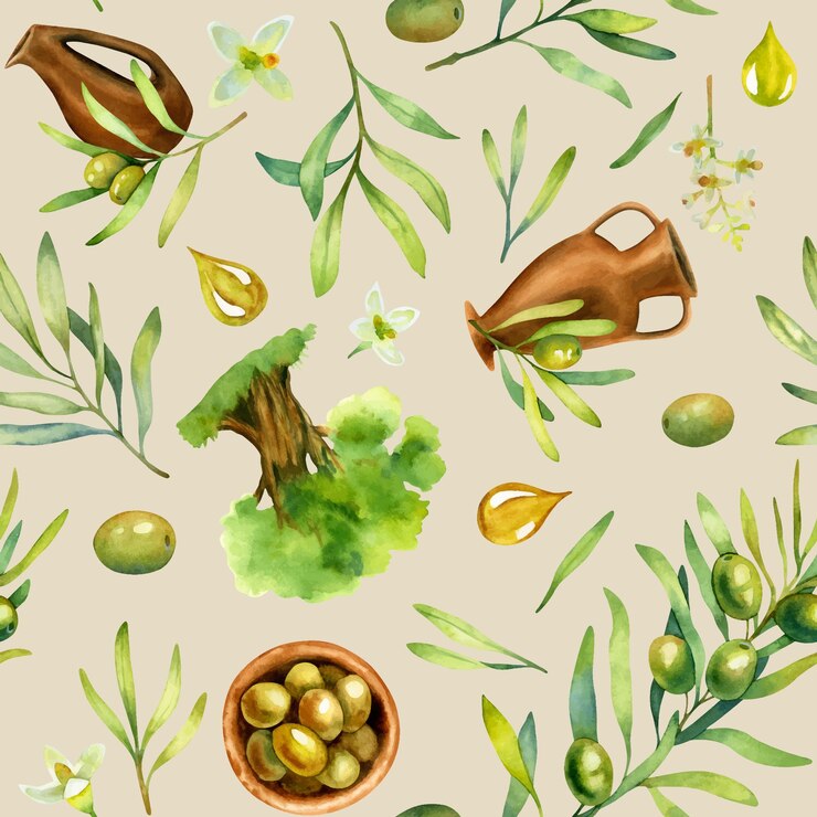 Vector patrón sin costuras de acuarela de jarras de aceitunas verdes y olivo aislados en un fondo beige