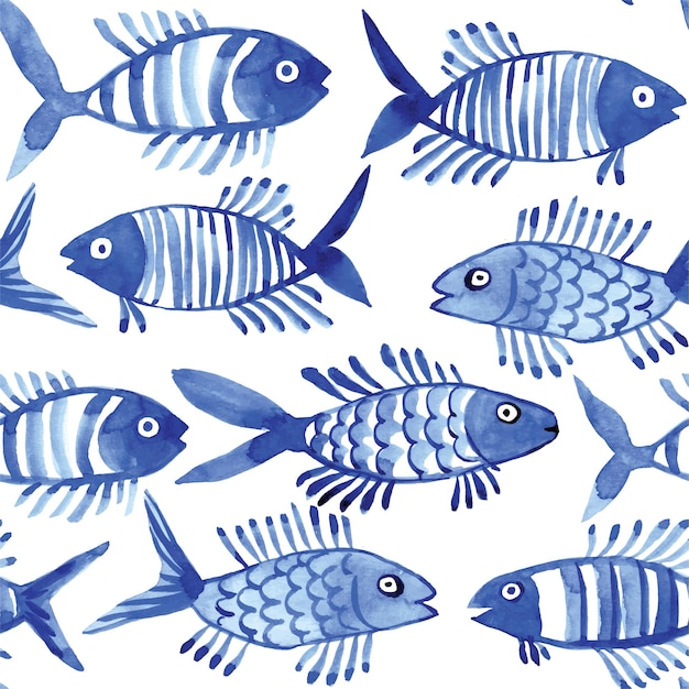 patrón sin costuras de acuarela con peces niños dibujo simple de peces azules sobre un fondo blanco