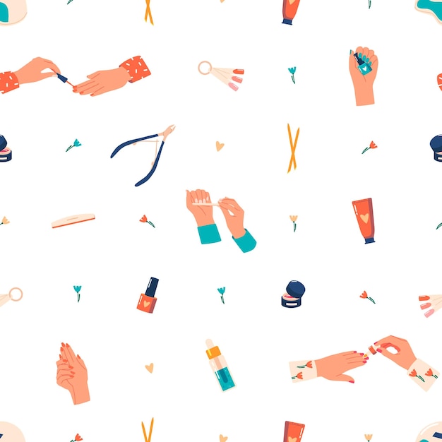 Patrón Sin Costuras Adornado Con Elementos De Manicura Elegantes Como Botellas De Esmalte De Uñas Lima De Uñas Paletas De Colores Acrílicos Y Elegantes Diseños De Arte De Uñas Azulejos Para Aficionados De La Belleza Ilustración De Vector De Dibujos Animados