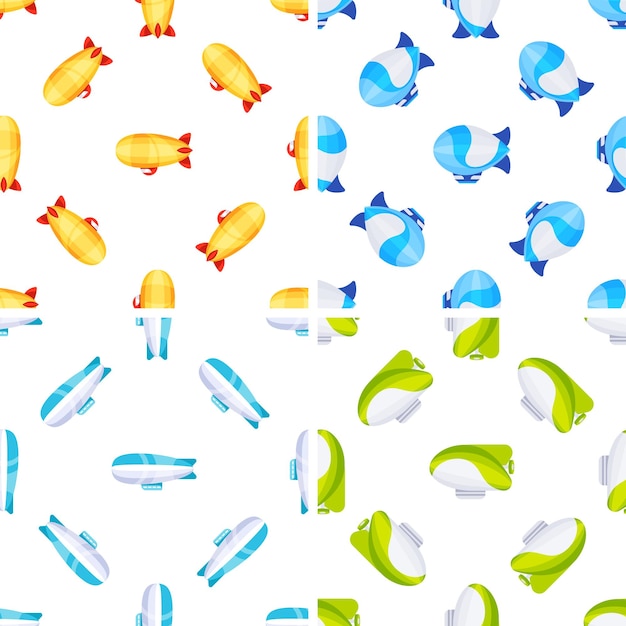 Patrón sin costuras de aeronave repitiendo azulejos de fondo con dirigibles coloridos volando