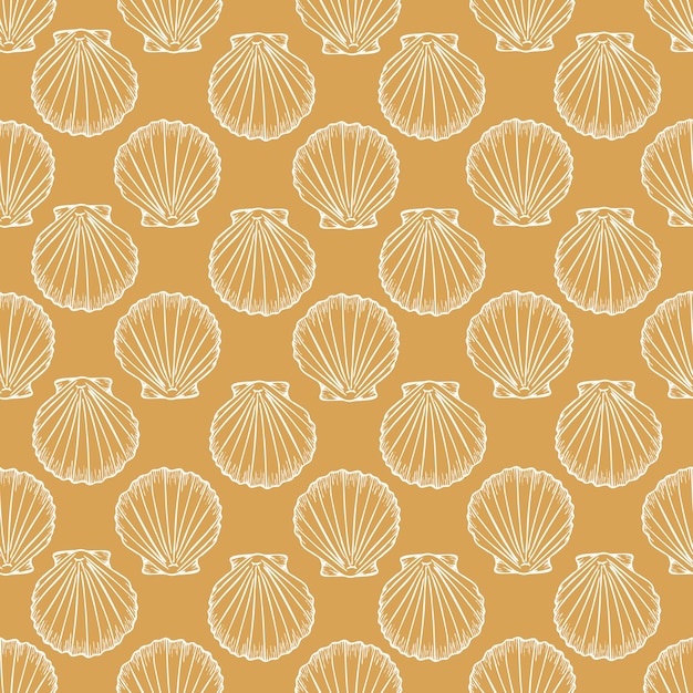 Patrón sin costuras bajo el agua con línea de conchas marinas ilustración artística en color blanco sobre fondo amarillo dibujos de esquizo de conchas marítimas impresión oceánica de playa de verano para tela textil de fondo