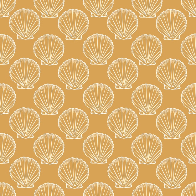 Patrón sin costuras bajo el agua con línea de conchas marinas ilustración artística en color blanco sobre fondo amarillo dibujos de esquizo de conchas marítimas impresión oceánica de playa de verano para tela textil de fondo
