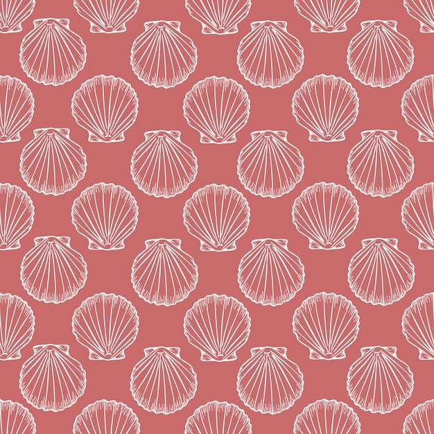 Patrón sin costuras bajo el agua con línea de conchas marinas ilustración artística en color blanco sobre fondo rosado dibujo de esquizo de conchas marineras impresión oceánica de playa de verano para tela textil de fondo