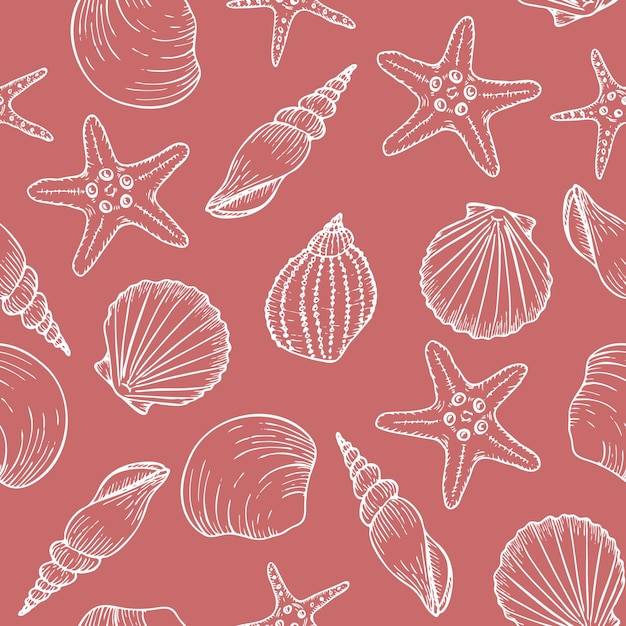 Patrón sin costuras bajo el agua con líneas de conchas marinas ilustraciones artísticas en color blanco sobre fondo rosa dibujos de conchas de conchas marineras dibujo de playa de océano de verano para tela textil de fondo