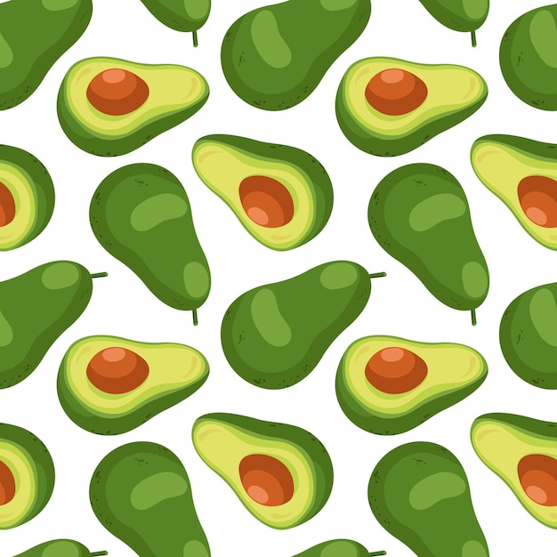 Patrón sin costuras de aguacate al estilo de dibujos animados aguacate cortado por la mitad con hueso en fondo blanco