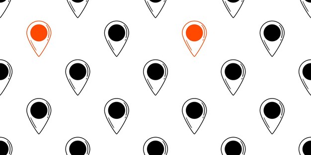 Patrón sin costuras de alfileres de ubicación negros y rojos en fondo blanco estilo doodle dibujado a mano