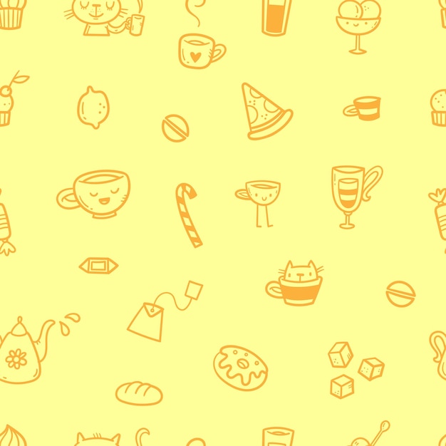 Patrón sin costuras con alimentos, bebidas y utensilios sobre fondo amarillo Fondo de pantalla de café Doodle Impresión vectorial linda