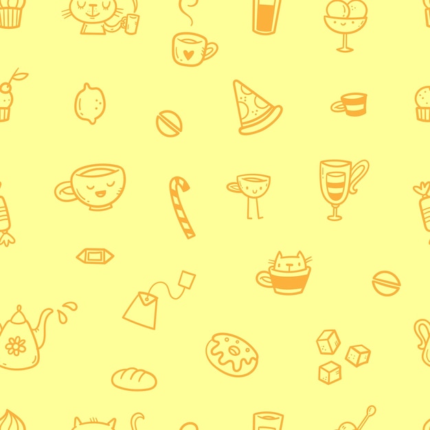 Patrón sin costuras con alimentos, bebidas y utensilios sobre fondo amarillo fondo de pantalla de café doodle impresión vectorial linda