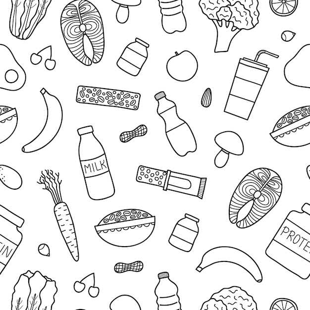 Patrón sin costuras con alimentos para deportistas