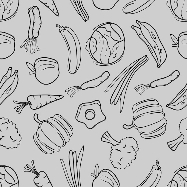 Patrón sin costuras de alimentos frutas y verduras arte de línea dibujado a mano