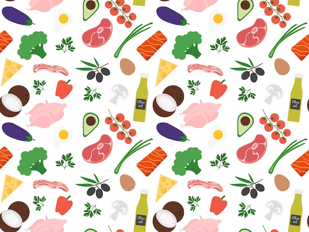 Patrón sin costuras con alimentos productos Keto verduras berenjena setas nueces textiles de proteínas sobre un fondo transparente