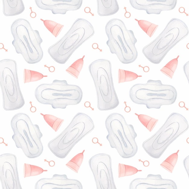 Patrón sin costuras de almohadillas menstruales y copa menstrual sobre un fondo blanco. producto de higiene personal