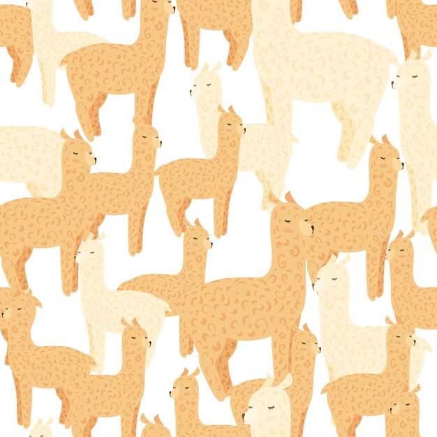 Vector patrón sin costuras de alpaca alegre fondo con llama divertida en estilo garabato para tela