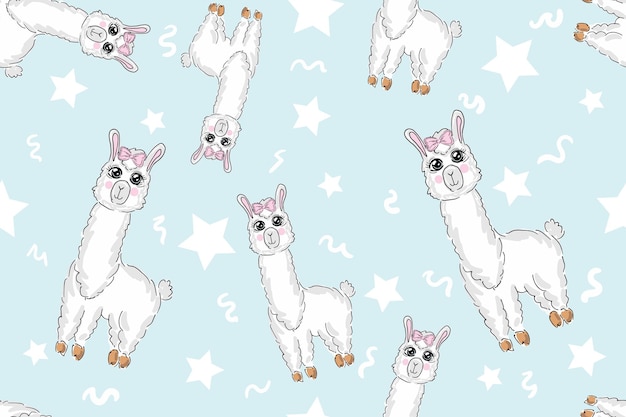 Patrón sin costuras Alpaca llama dormir de pie y saltando Estrella en el cielo Cute dibujos animados kawaii divertido sonriente bebé personaje Papel de regalo plantilla textil Decoración de vivero Fondo azul Plano