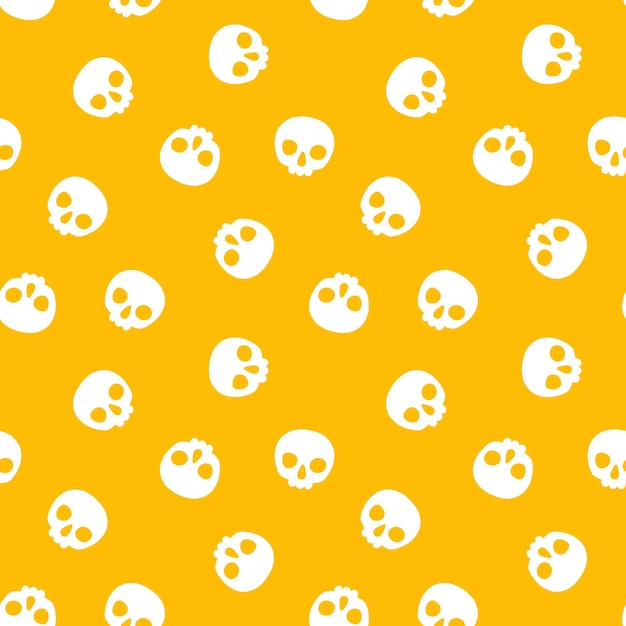 Patrón sin costuras amarillo con cráneo blanco de Halloween
