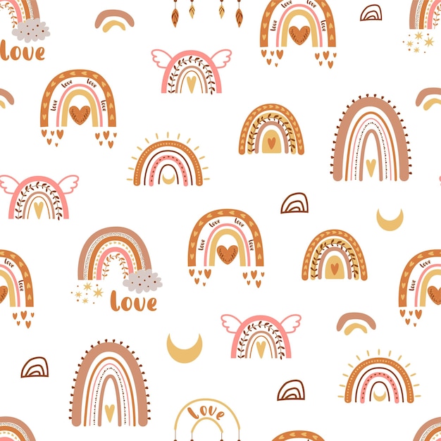 Patrón sin costuras de amor de arco iris boho Diseño de arco iris lindo de moda Bebé garabato arco iris corazón luna Fondo étnico del día de San Valentín Impresión de tela boho chic Papel tapiz de ducha de bebé Ilustración vectorial