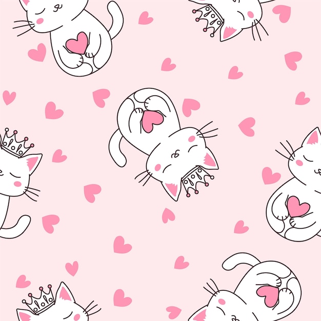 El patrón sin costuras del amor lindo de la reina del gato que lleva la corona sobre un fondo rosa